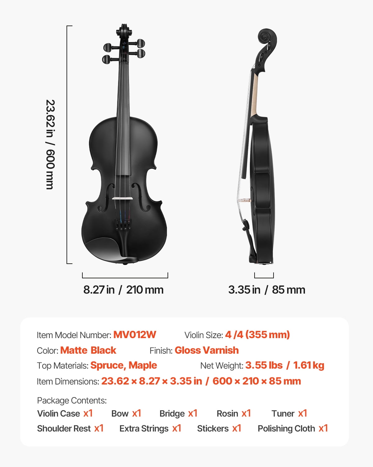 VEVOR Violin 4/4 Full Size for Adults, Violin Fiddle Set for Beginners Student with Hard Case, Rosin, Bow, Shoulder Rest, Bridge, Tuner and Extra Strings, Professional Solidwood Instruments (Black)