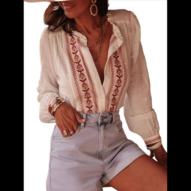Camisas Occidentales para Mujer, Blusa Informal de Verano de con Bordado Floral y Botones de Larga. Crema XXL