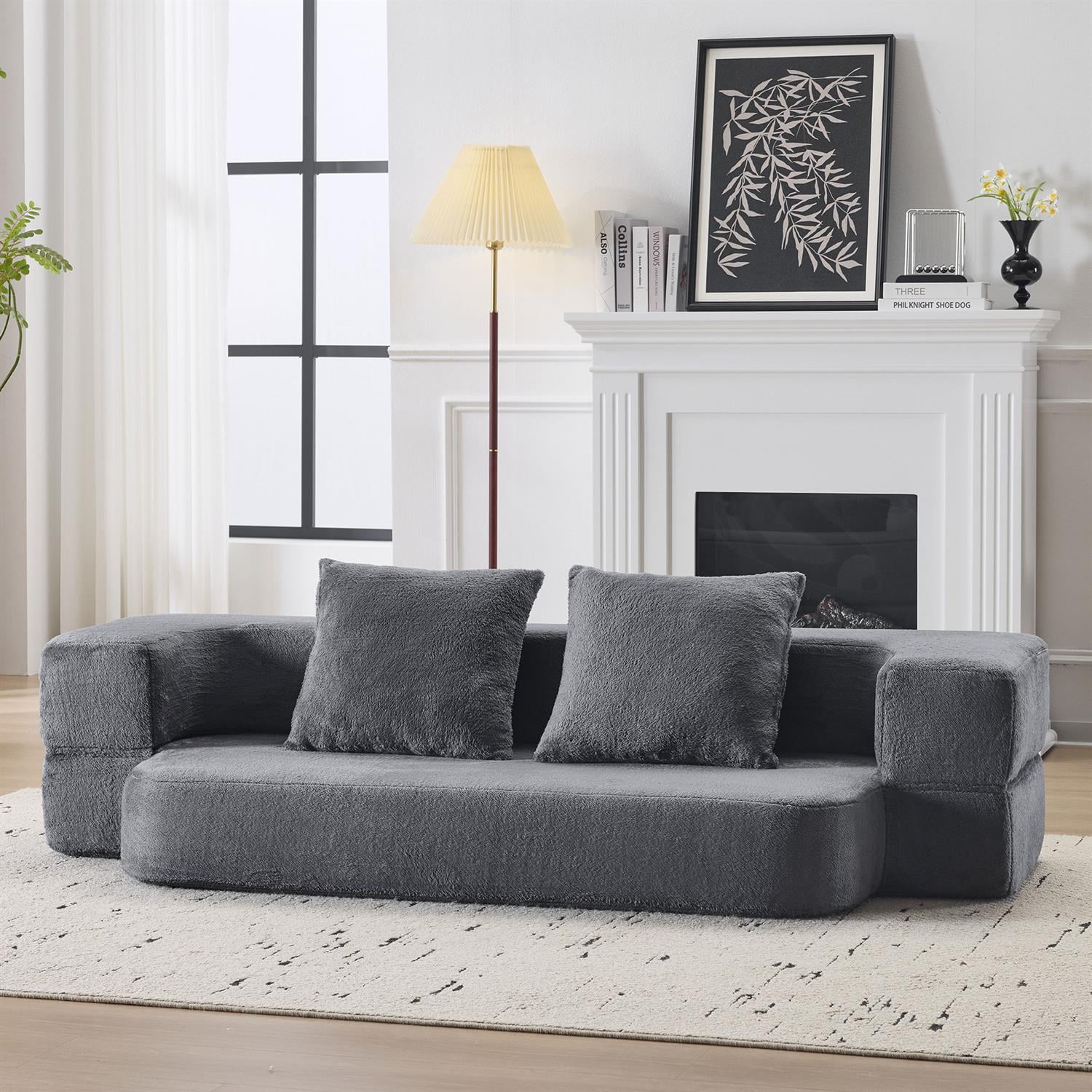 Demi Bonn Versatile 3-in-1 Sectional Sofa with Ottomans, Cozy Foam Fold-Out Bed, Space-Saving Chenille Lounger for Small Apartments & Home Offices, Gray