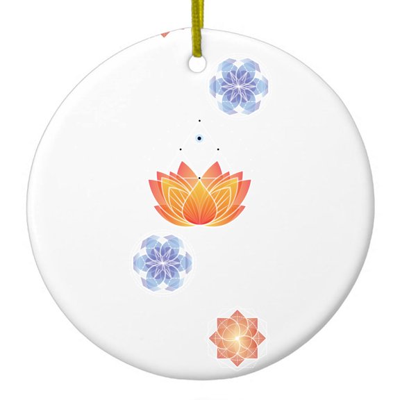 DistinctInk Hanging Ceramic Christmass Tree Ornament with Gold String - Great Gift / Present - 2 3/4 inch diameter - Lotus Flower and Mandalas