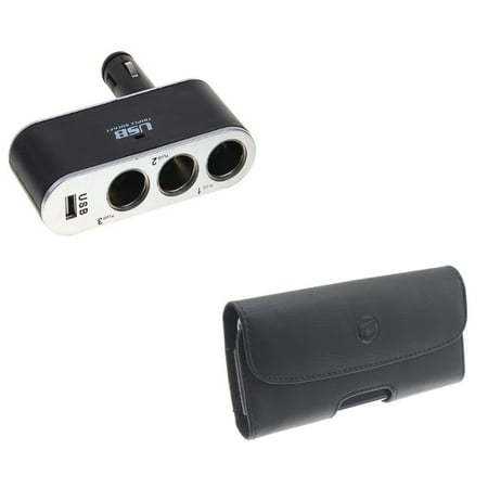 Leather 3 Way - Black Horizontal Leather Case w Car Lighter Socket Splitter Three Way Charger Adapter N1Q Compatible With Google Pixel 3a XL
