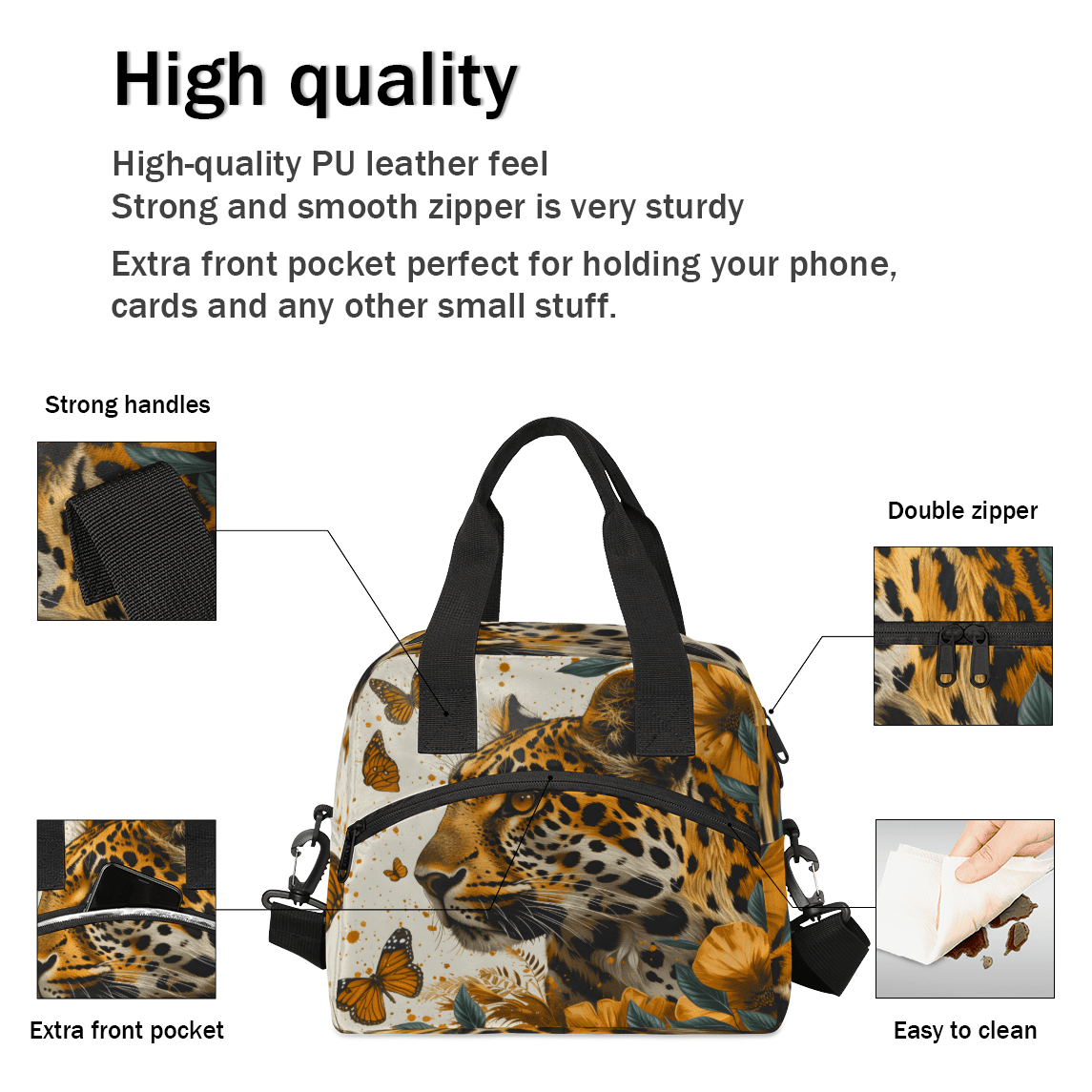 Herdesigns Leopard Insulated Lunch Bag for Women Men Adults Large Reusable Lunch Box Butterfly Leopard Print Leakproof Cooler Tote Bags with Adjustable Shoulder Strap