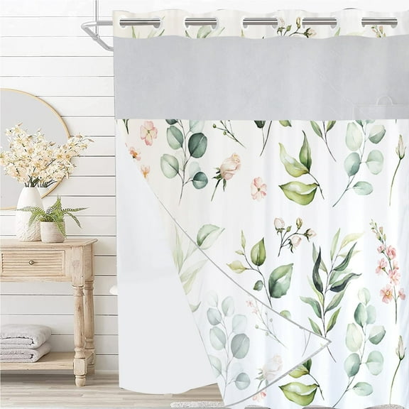 Dznils White No Hook Fabric Shower Curtain with Snap-in Liner, 72" x 74", Green Floral Patterned
