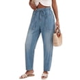 thumbnail image 2 of WXLWZYWL Women's Elastic Drawstring Waist Cargo Jeans Solid Color Casual Denim Jogger Pants with Large Functional Pockets, 2 of 6