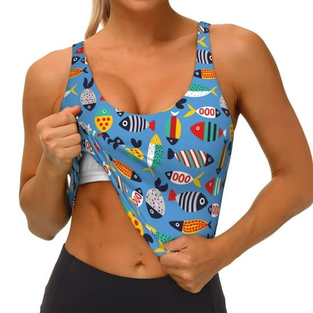 Qokaie Cute Flat Fish Pattern Womens Scoop Neck Sports Bra Breathable Workout Vest Padded U Back Medium Impact Fitness Gym Yoga Bra Workout Crop Top