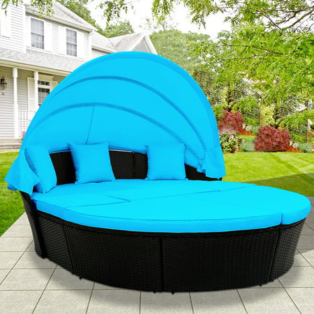 Wicker Patio Sets 7 Piece Patio Furniture Sofa Set Round Wicker Daybed with Retractable Canopy Patio Conversation Set with Blue Cushions for Backyard Porch Garden Poolside LLL4339