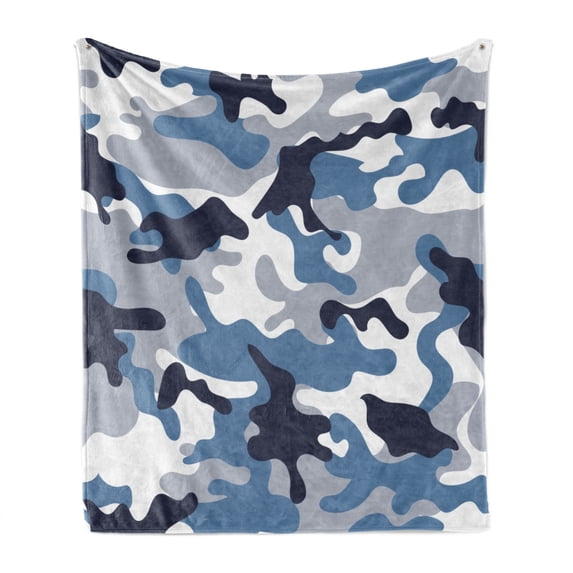 Camouflage Soft Flannel Fleece Blanket, Illustration Abstract Soft Colors Pattern Surreal Shapes Design Art, Cozy Plush for Indoor and Outdoor Use, 70" x 90", Slate Blue Indigo Grey, by Ambesonne