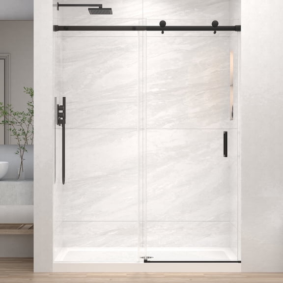 KPUY 43" - 48" x 76" Frameless Sliding Shower Door with 1/4" SGCC Tempered Glass 6mm, Explosion-Proof Film, Nano Coating, Anti-Crash door, Matte Black