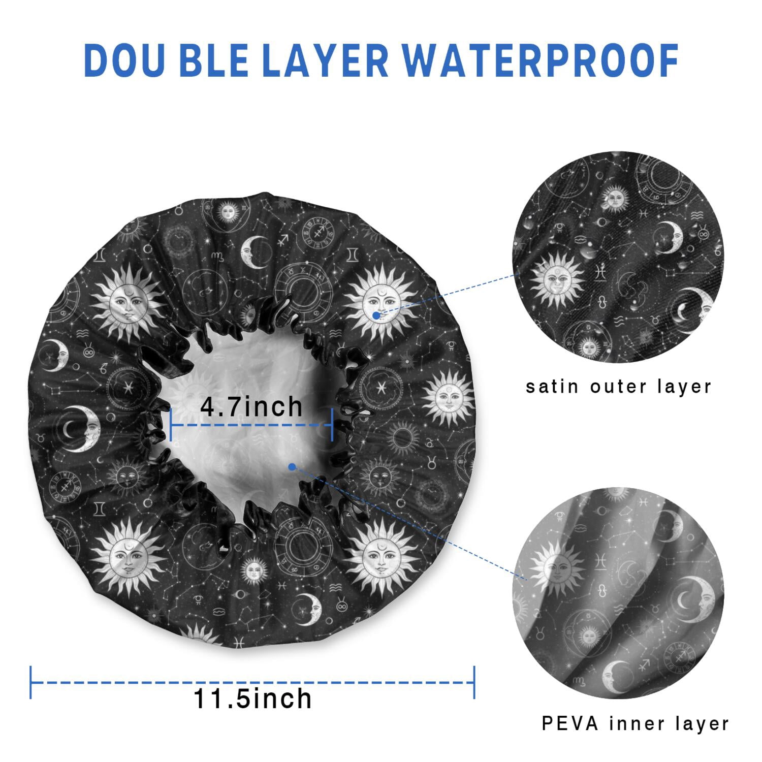 Shower Caps,Black White Zodiac Sun Moon Pattern Waterproof Shower Cap for Women 4 Pieces,Double Reusable Hair Cover for Shower PEVA Elastic Stretch Hem