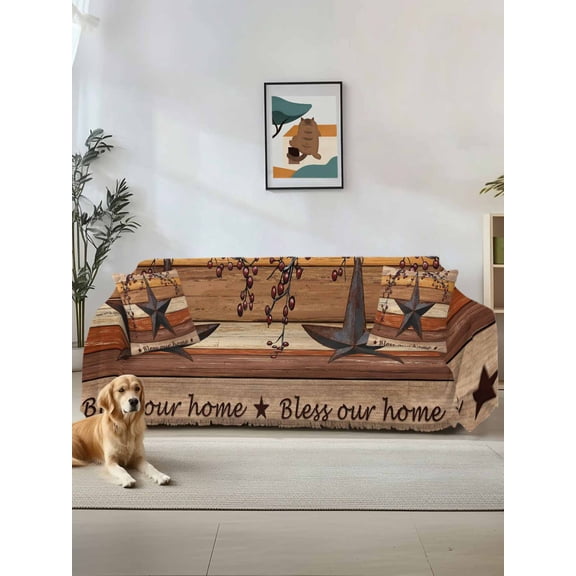 Texas Star Vintage Couch Cover Sofa Covers 3 Cushion Sectional Couch, Berry Burnt Orange Brown Wooden Washable Sofa Covers Slipcover Sectional Sofa Cover, Furniture Protector 71"x150"