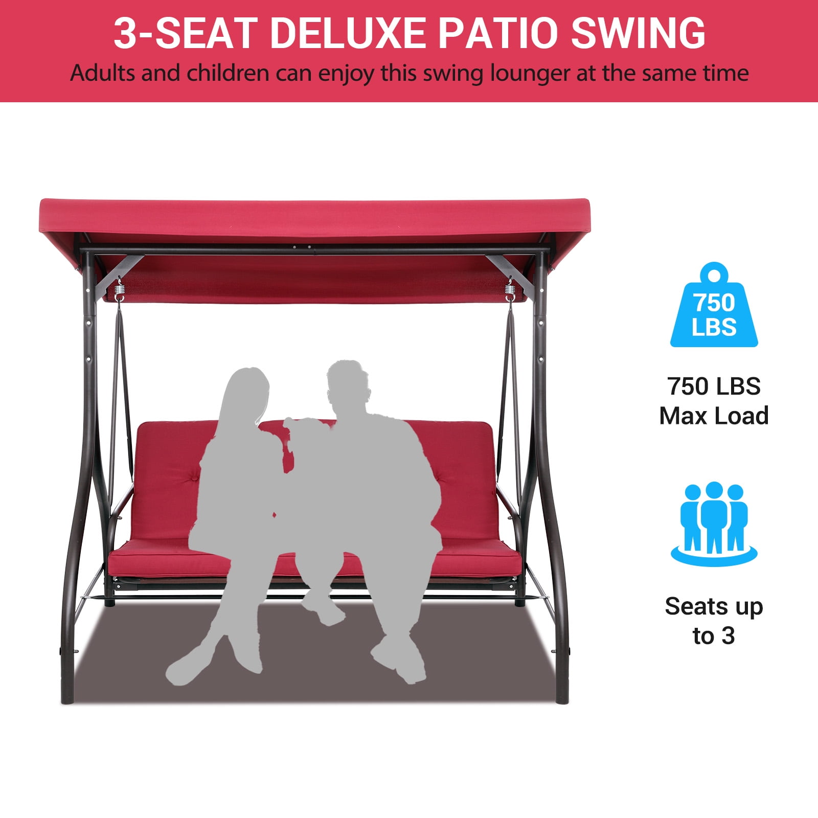 LAZY BUDDY 3-Seater Patio Swing Chair, Adjustable Canopy