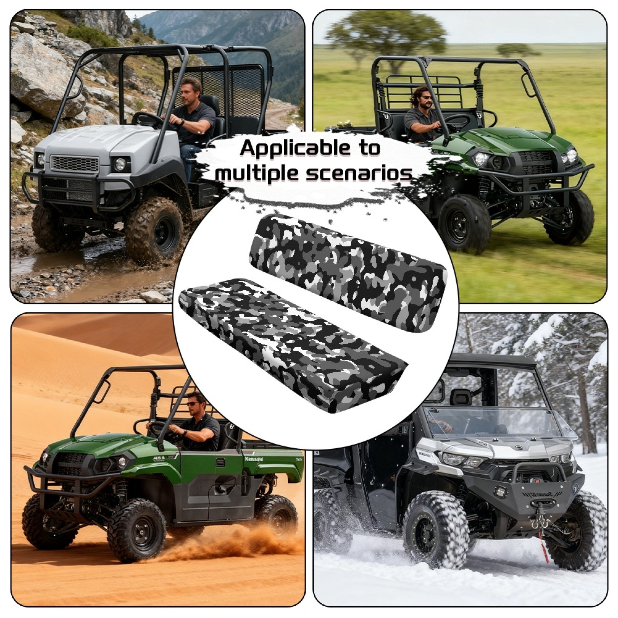ZIATUBLES 2-Pack Waterproof UTV Seat Covers, Black Gary Camo Replacement Bench Seat Protectors Compatible with Kawasaki Mule 3000 3010, Wear-Resistant Polyester UTV Seat Decor Covers