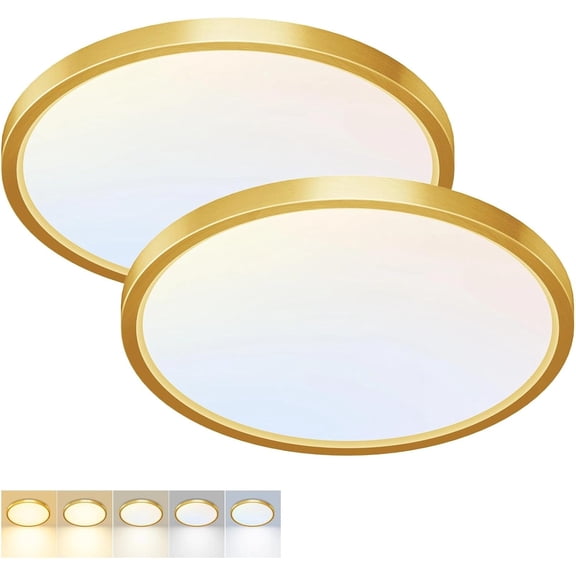 PLUHKN-2 Pack LED Flush Mount Ceiling Light,12Inch 24W,3000K/3500K/4000K/5000K/6500K 5 Color Temperatures Ceiling Light Fixture for Kitchen Porch Hallway Bedroom Bathroom and Closet,Gold