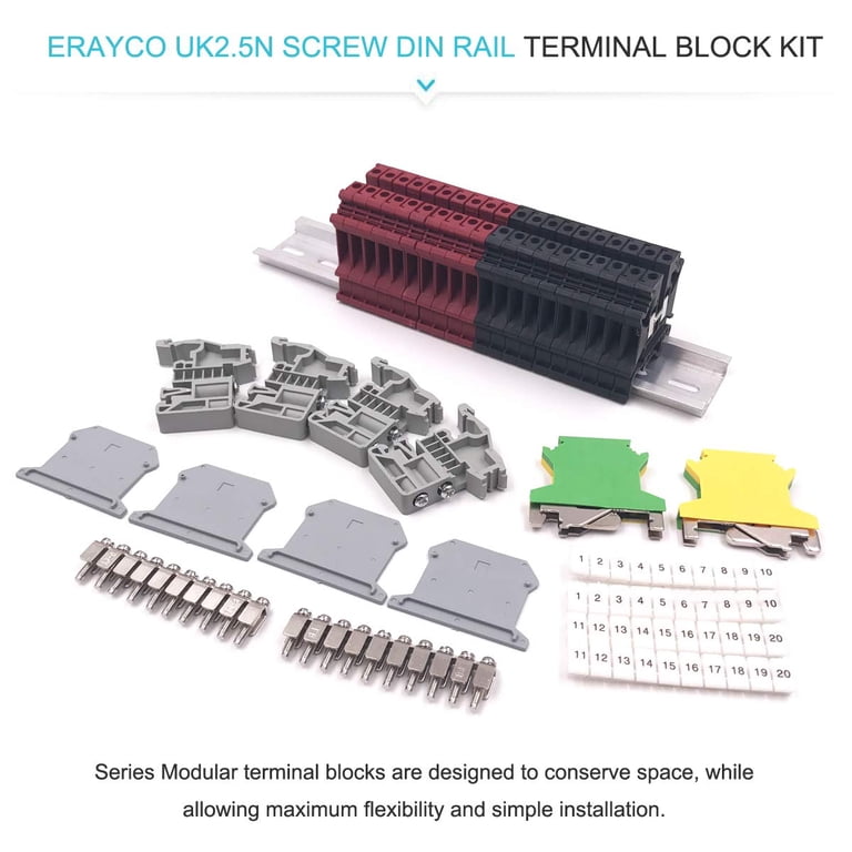 Erayco UK2.5N-GR DIN Rail Terminal Blocks | 600V 20A, 24-12 AWG | Screw Clamp, Pack Of 100 | For Electrical Panels