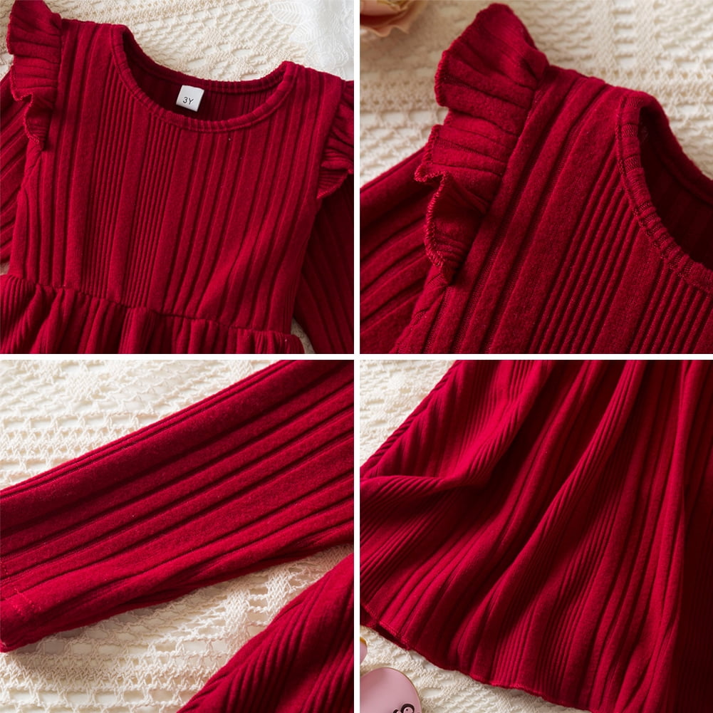 IWEMEK Long Sleeve Dress for Girls Pleated Round Neck Vintage Red Dresses Xmas Party Dress Comfy Knitted Outfit Set 7T