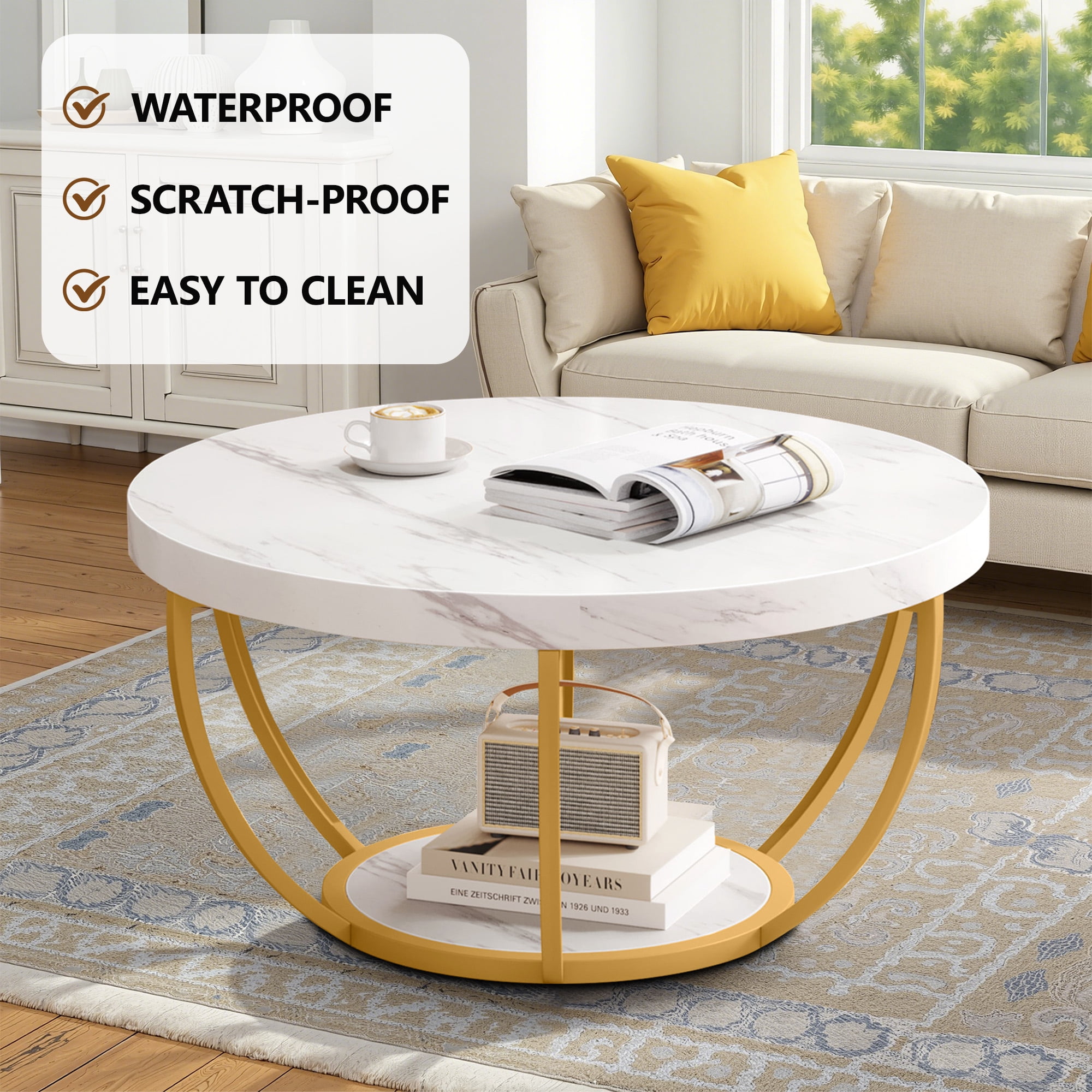MAYEERTY 2 Tier Round Coffee Table Thickened Engineered Wood Sturdy Metal Base