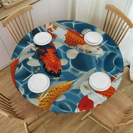 

Orinice Koi Fish Round Table Cover Stain Resistant Washable Indoor Outdoor Tablecloth Kitchen Dining Wedding Parties Outdoor Fitted 100% Polyester Fiber 42-46