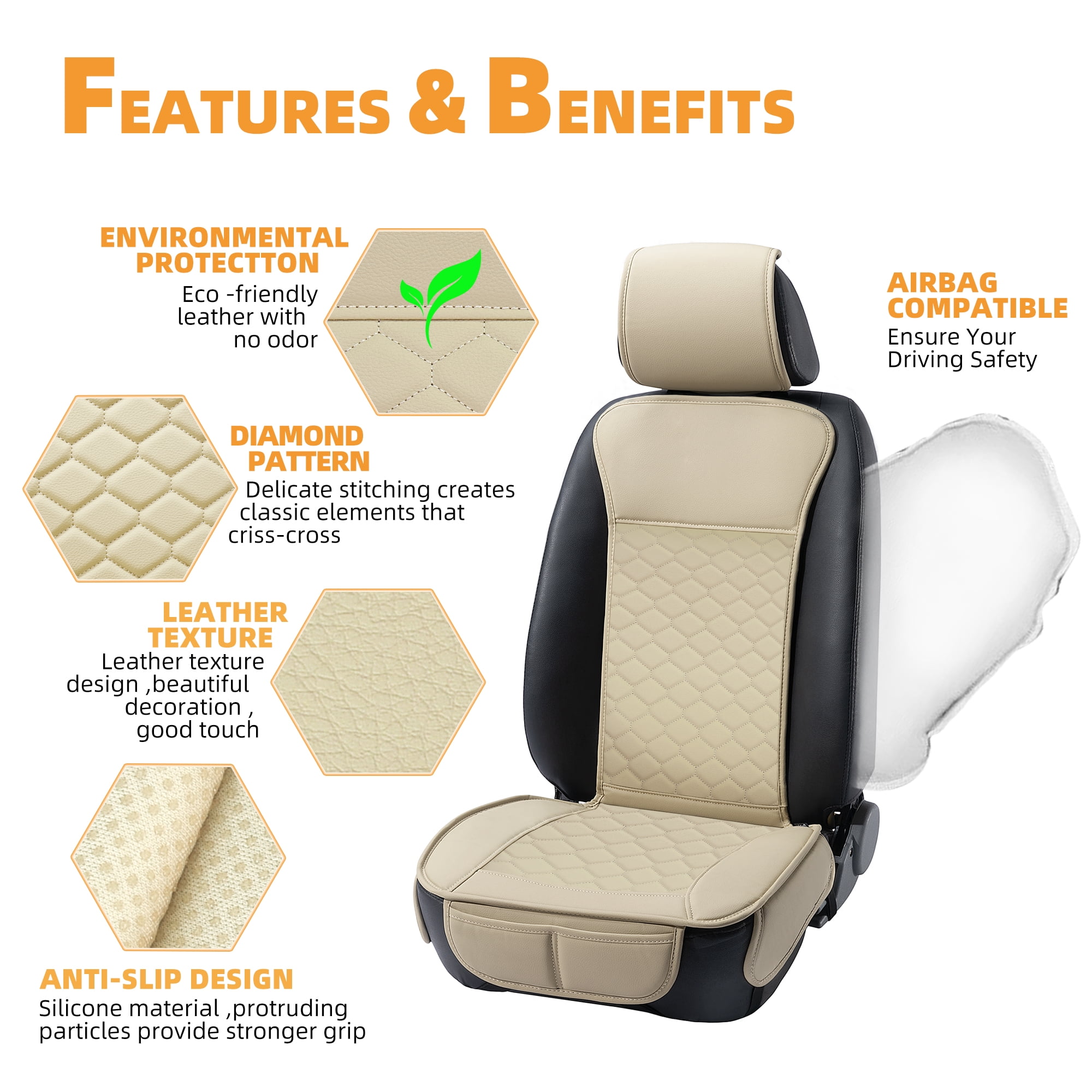Elantrip 2PCs Front Car Seat Covers Leather Water Proof Seat Universal Fit for Most Cars SUVs Beige
