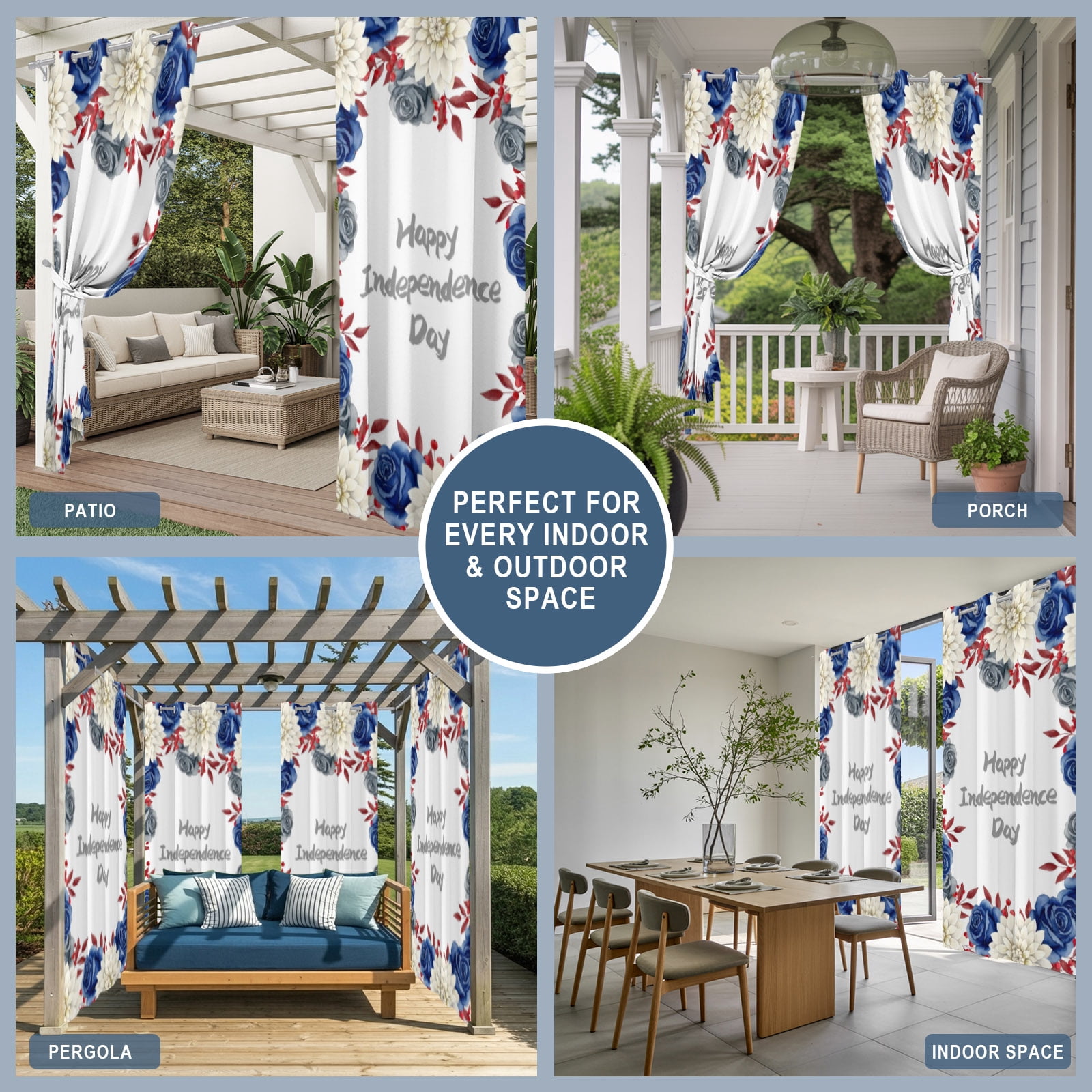 Happy Independence Day Outdoor Curtains for Patio, Red Blue Rose Dahlia Flower Sunshade Privacy Drapes Grommet Waterproof Outside Curtains for Porch/Cabana/Balcony 54"x 108", 1 Panel