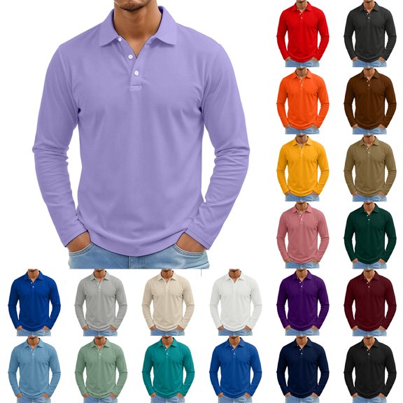 Long Sleeve Polo Shirts for Men Solid Color Button Placket Golf Shirts Business Outdoor Tees