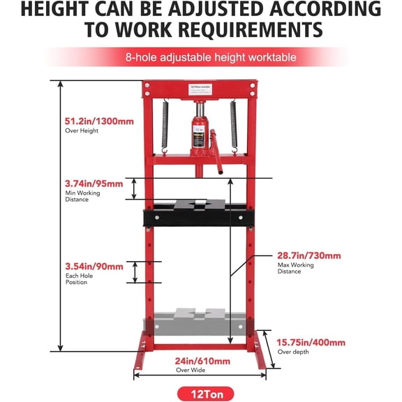 Acekid 6-Ton Hydraulic H-Frame Shop Press, Benchtop with Adjustable Height Work Table, Red
