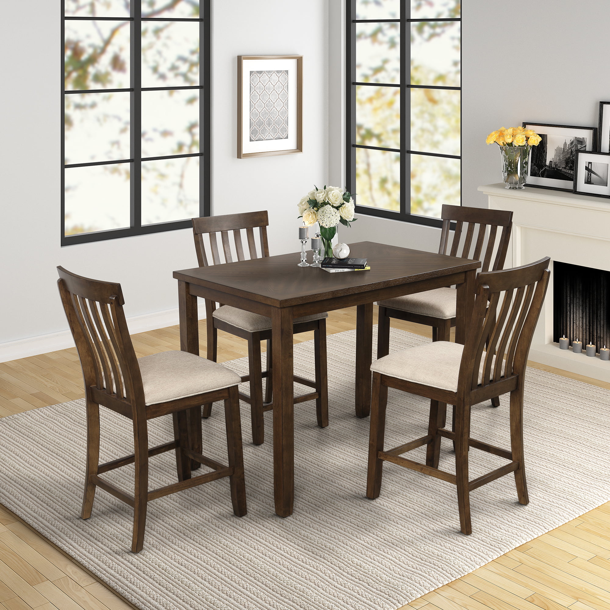5 Piece Dining Table and Chair Set, Wooden Dining Room Table and Set of ...