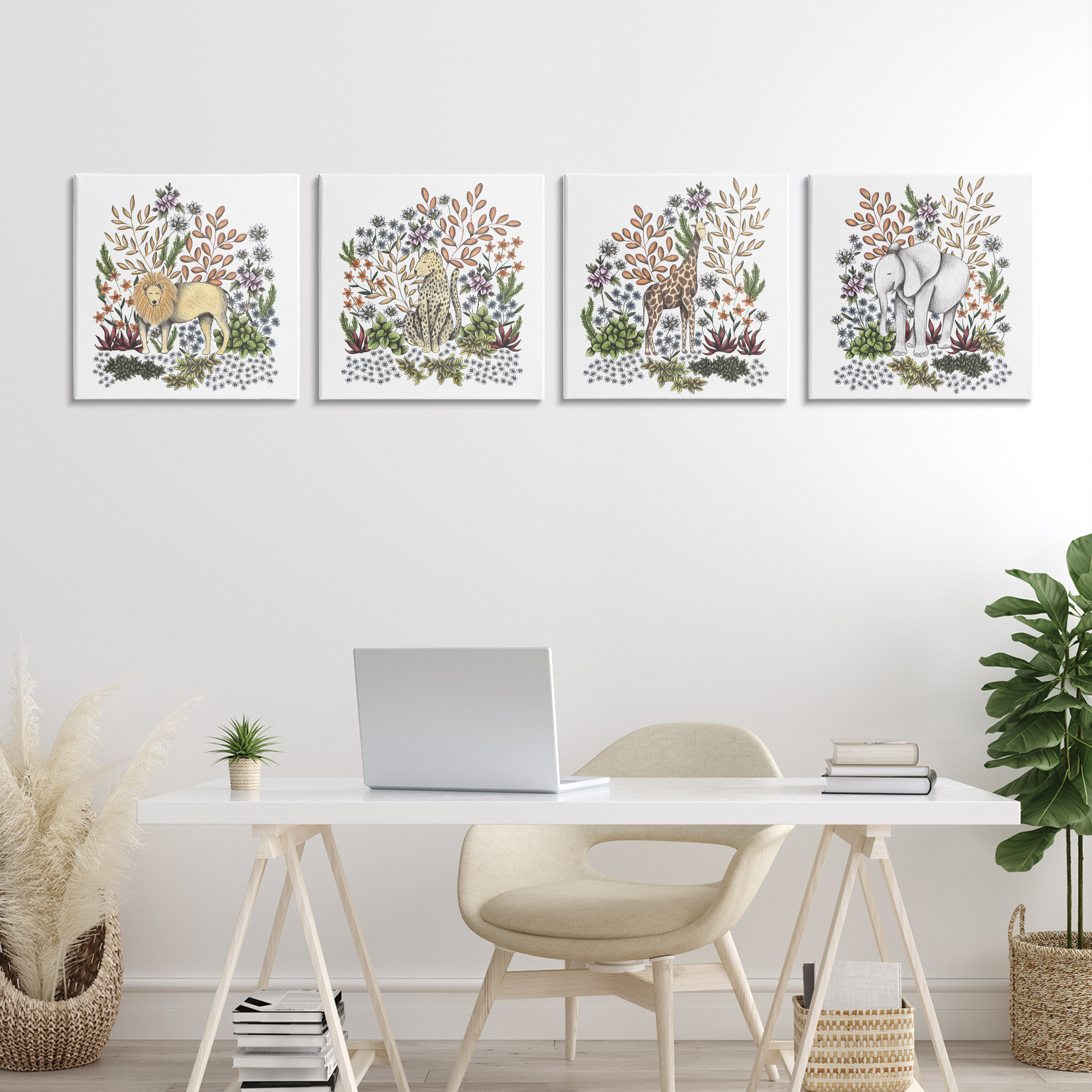 Jungle Wildlife & Botanicals 4 Piece Canvas Wall Art Set, design by Cecilia Battaini