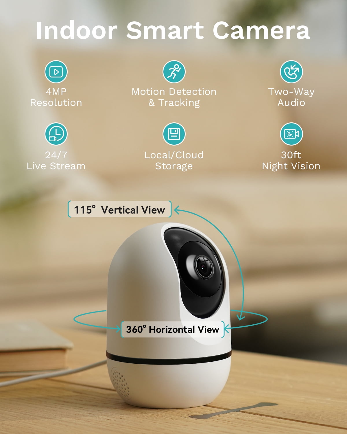 WUUK 4MP Indoor Pan/Tilt Security Camera, Baby Monitor with Camera and Audio, Wi-Fi Pet Camera with Phone APP, Motion Detection & Tracking, Night Vision, 2-Way Audio, Compatible with Alexa & Google