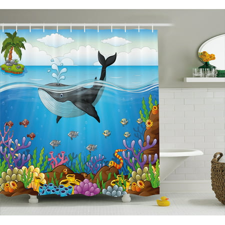 Whale Decor Shower Curtain, A massive Whale the Master of the Oceans Themed Around Planet , Fabric Bathroom Set with Hooks, 69W X 75L Inches Long, Dark Blue Black and Orange, by (Best Master Bathroom Designs)
