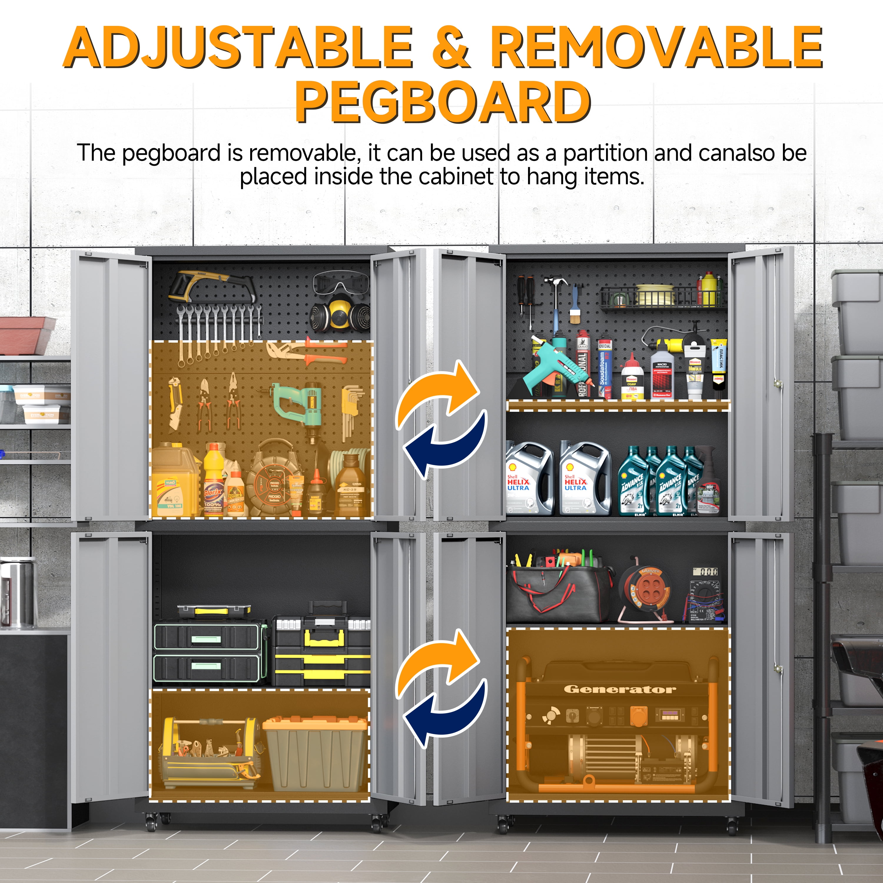 Rolling Garage Storage Cabinet with Wheels and Pegboard,Metal Storage Cabinet with Doors and Adjustable Shelves,Lockable Steel Tool Cabinet for Garage,Warehouse,Utility Room,Home,Office(Black Gray)