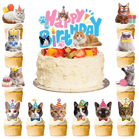 Cat Cake Toppers, 24 Pcs Cat Cupcake Toppers Kitten Theme Cupcake Topper   1 Pcs Cat Birthday Cake Topper Cat Cake Decorations for Cat Birthday Decorations & Cat Party Decorations