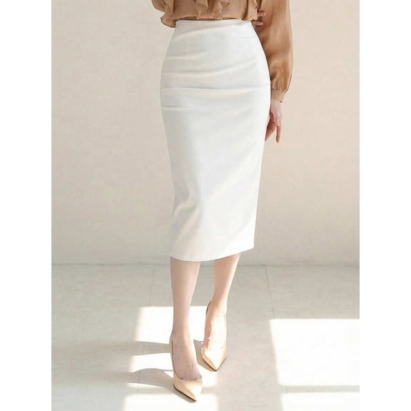 White Fitted Pencil Skirt, Bodycon Midi Length, Office Elegant Wear