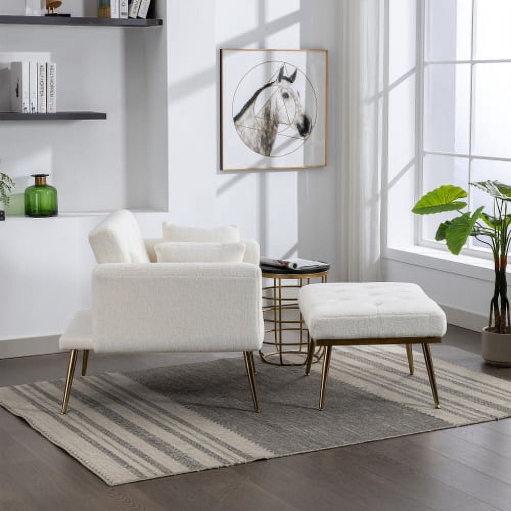 BSHTI 36.61'' Wide Modern Accent Chair With 3 Positions Adjustable Backrest, Tufted Chaise Lounge Chair, Single Recliner Armchair With Ottoman And Gold Legs For Living Room, Bedroom (White)