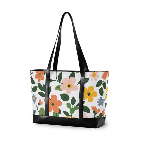 FORMRS Canvas Laptop Tote Bag for Women with 15.6" Computer Compartments Shoulder Handbag, Retro Colorful Flowers