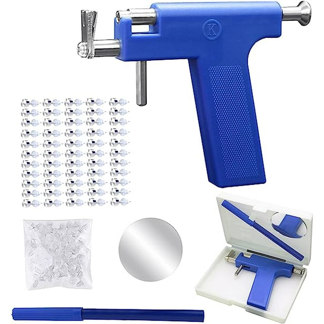 herramienta de pistola para perforar orejas, pistola profesional para perforar el cuerpo de la oreja, herramientas reutilizables, juego de belleza, máquina para perforar agujeros sin dolor c pistola azul fronto-lateral con empuñadura texturizada y cañón metálico con pasador, soporte inferior y botón posterior; incluye filas de pares de pendientes de presión transparentes, bolsa de repuestos plásticos, espejo circular y estuche blanco con espuma interior. A menudo se usa también para guardar pequeños pendientes durante viajes.