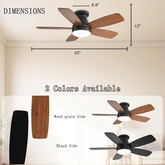 42 Inch Low Ceiling Fan with Light and Remote App Control, Reversible Motor, 3CCT Dimmable LED, Noiseless Flush Mount for Bedroom Outdoor Indoor