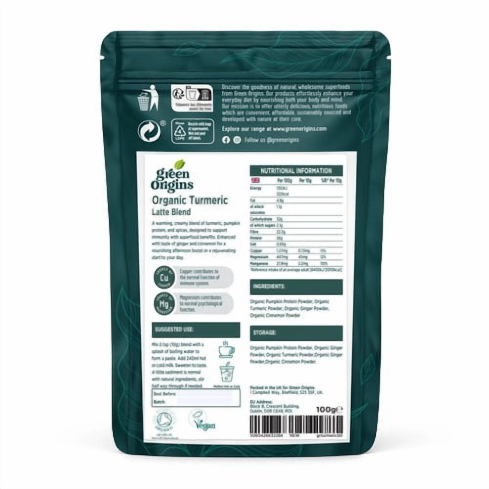 Green Origins Organic Super Turmeric Latte Blend with Ginger & Cinnamon 100g, British Import (Pack of 2)