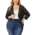 thumbnail image 2 of Cárdigan de encogimiento de hombros de talgrande pamujer, mangas de codo, encaje floral, frente abierto, chaquebolero de corte Negro 4X, 2 of 7