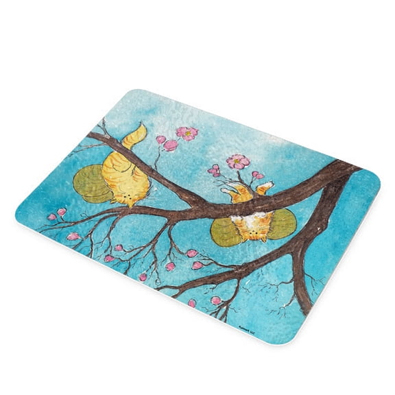 KuzmarK Glass Cheese Cutting Board 11"x7.75" - Ginger Tabby Tiger Kitty Fairies with Pink Dogwood Fantasy Cat Art by Denise Every