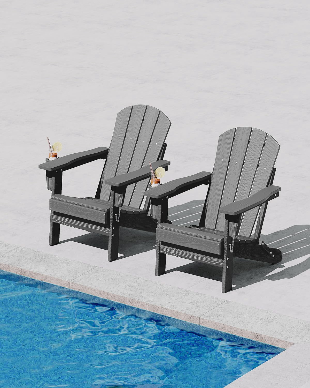 Folding Adirondack Chair Set of 4, All-Weather HDPE Outdoor Chair, Wooden Textured with Cup Holder for patios, Decks, Gardens, fire pits, Grey