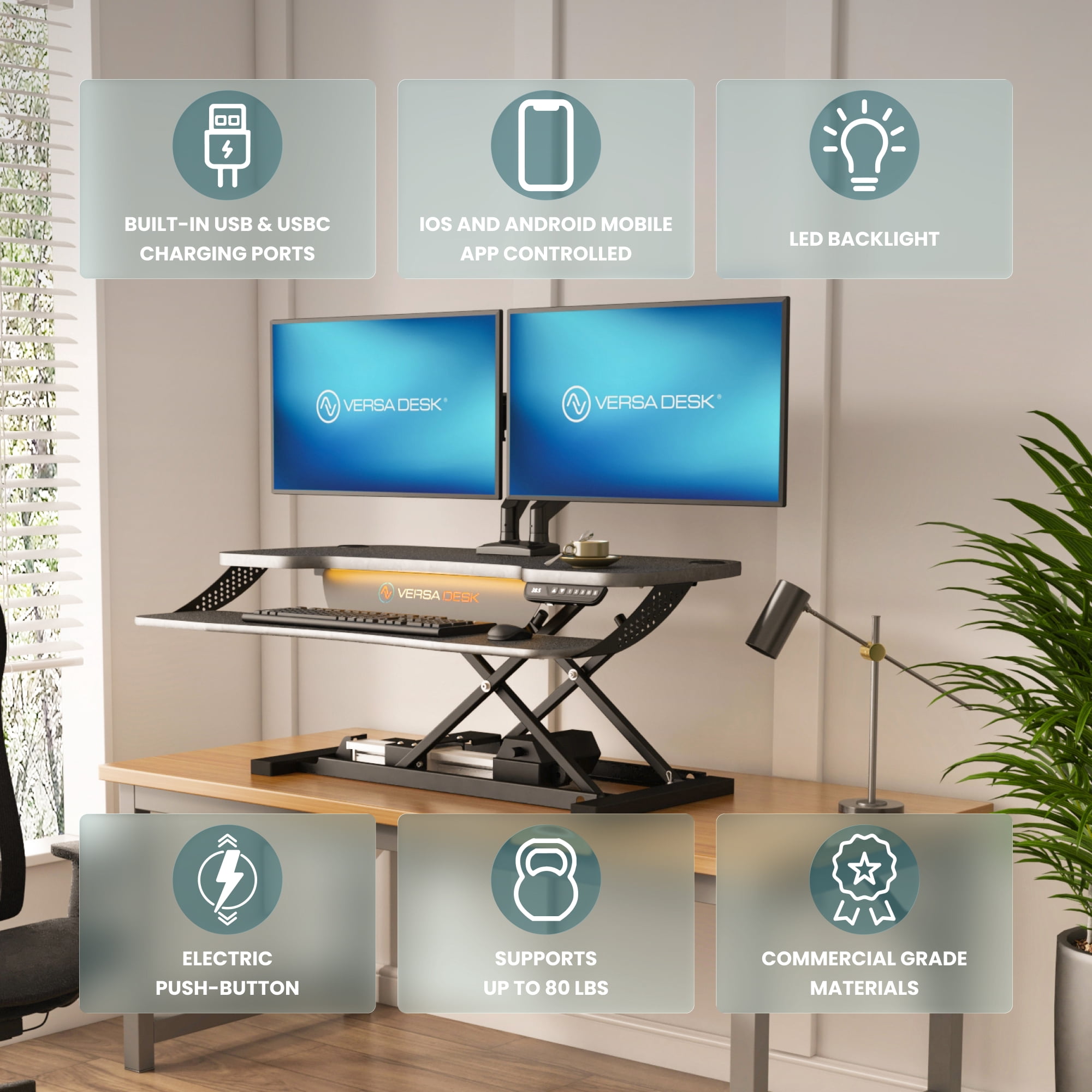 VersaDesk PowerPro Elite 40" Electric Standing Desk Converter w/ Programmable Switch, USB Port & Mobile APP, Black