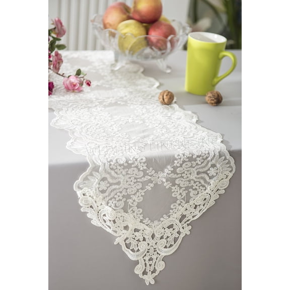 Wedding Linens Inc. 13" x 108" Floral Corded Lace Embroidered Table Runner - Ivory