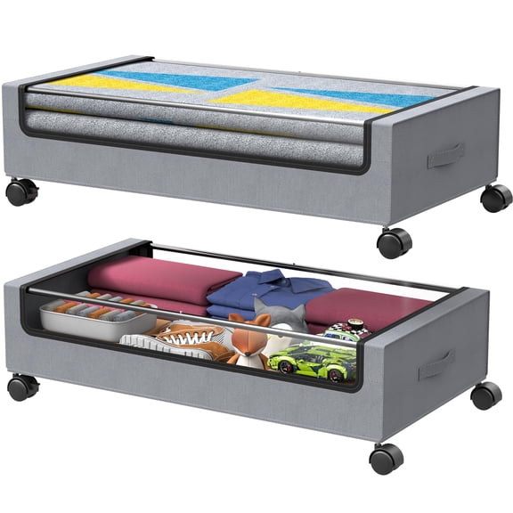 2-Pack Under Bed Storage Containers with Wheels, Clothes and Blanket Storage Bags with Lids and Handles, Rolling Underbed Organizer for Bedroom Closet, Gray