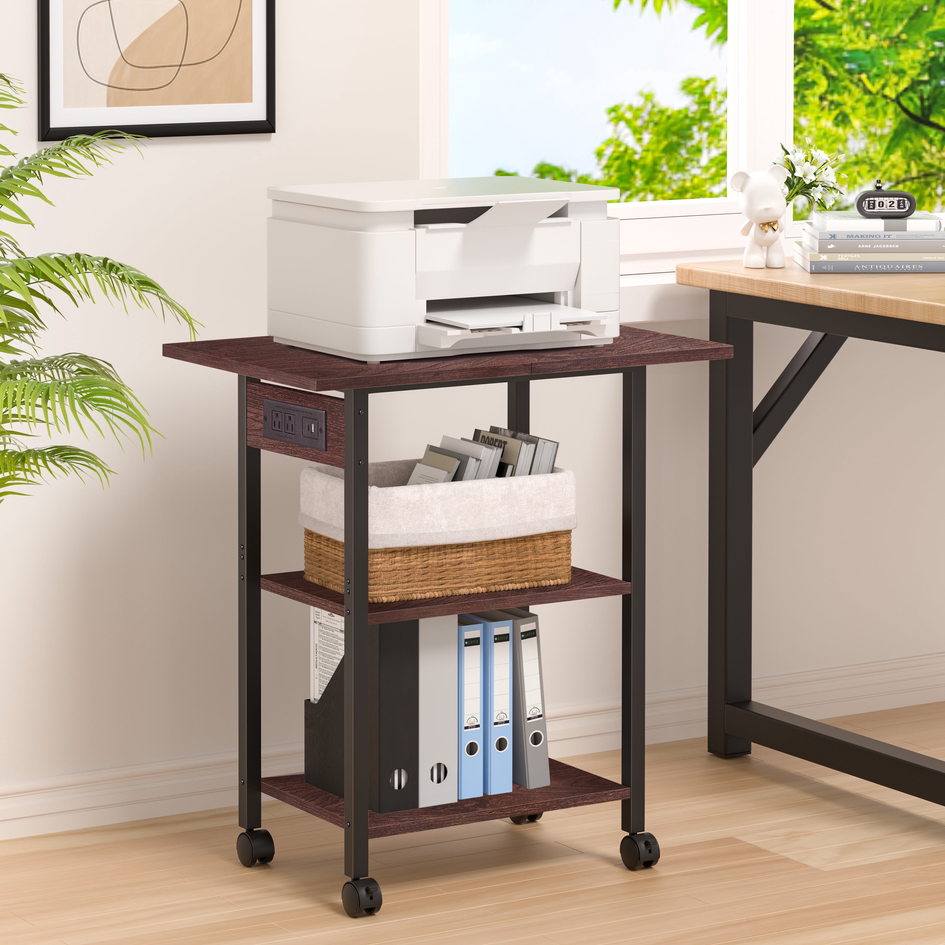 Leyaoyao 3 Tier Heavy Duty Printer Stand, Computer Tower Stand with Industrial Lockable Wheels, Large Mobile Table for Home Office Multi-Equipment Organization, Walnut
