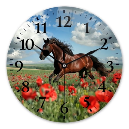 Battery Operated Analog Wall Clocks Non-Ticking Silent Modern Clock Decorative for Home,Office-Beautiful Brown Horse Galloping Through Poppy Field(10inch)