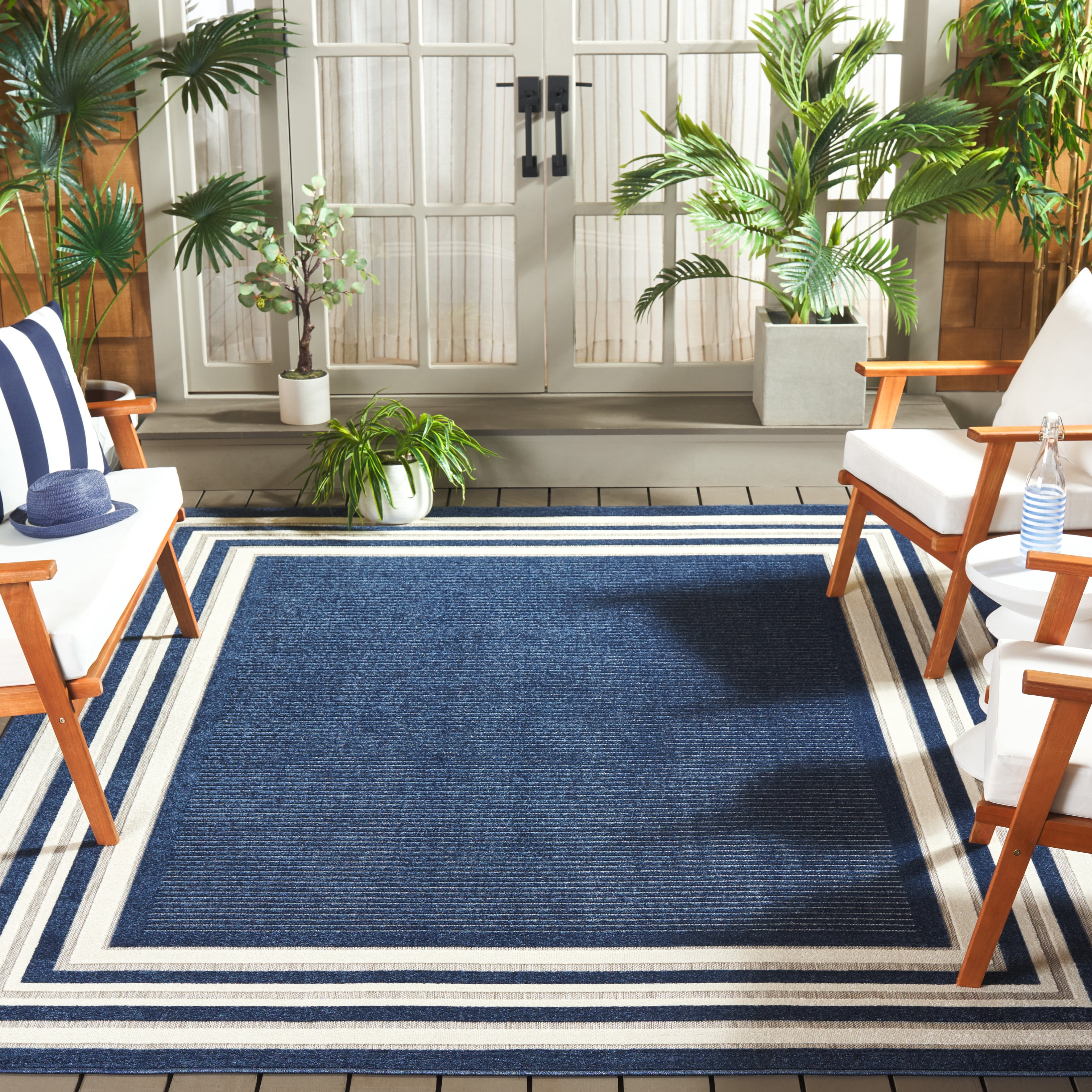 SAFAVIEH Cabana Henry Striped Indoor/Outdoor Area Rug, Blue/Ivory, 6'7" x 6'7" Square