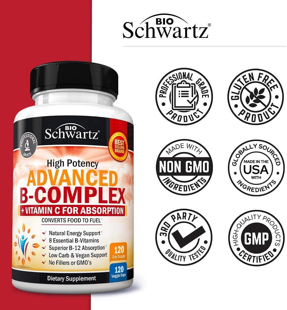 BioSchwartz Advanced Vitamin B Complex with Vitamin C for Energy Support, 120 Capsules