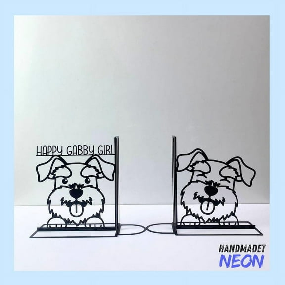 Handmadetneonsign Miniature Schnauzer Dog Metal Bookends, Dog Name Bookend, Dog Table Bookshelf Decor 78973