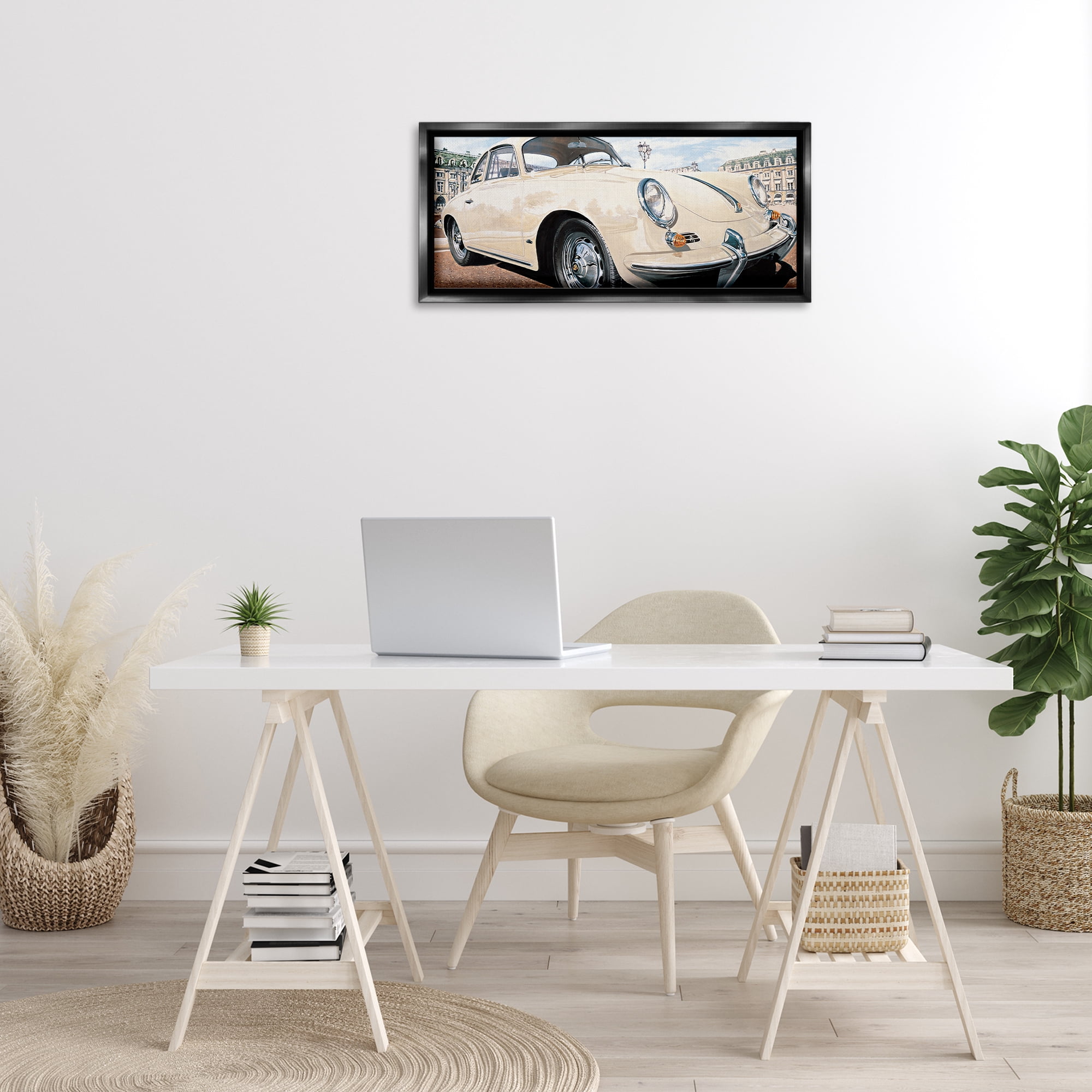 Stupell Industries Vintage Ivory Car Transportation Painting Black Floater Framed Canvas Art Print Wall Art, 31 x 14