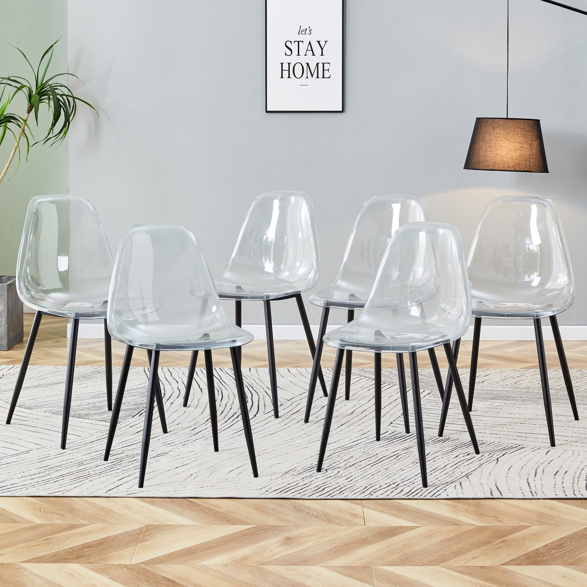 NYEESS Set of 6 Clear Transparent Dining Chairs Armless with Black Metal Legs Modern Acrylic Side Chairs for Kitchen Dining Room